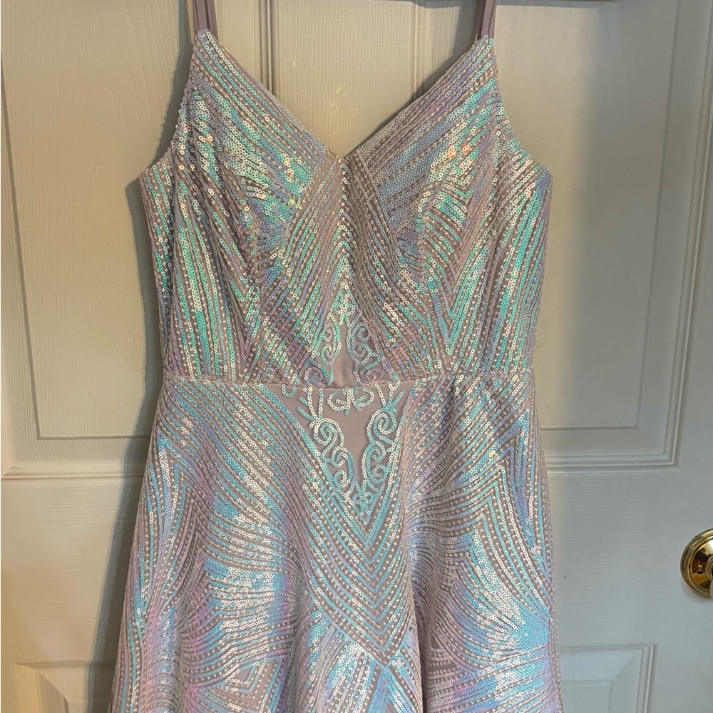 David's Bridal Iridescent Sequin Dress in Pink and Blue